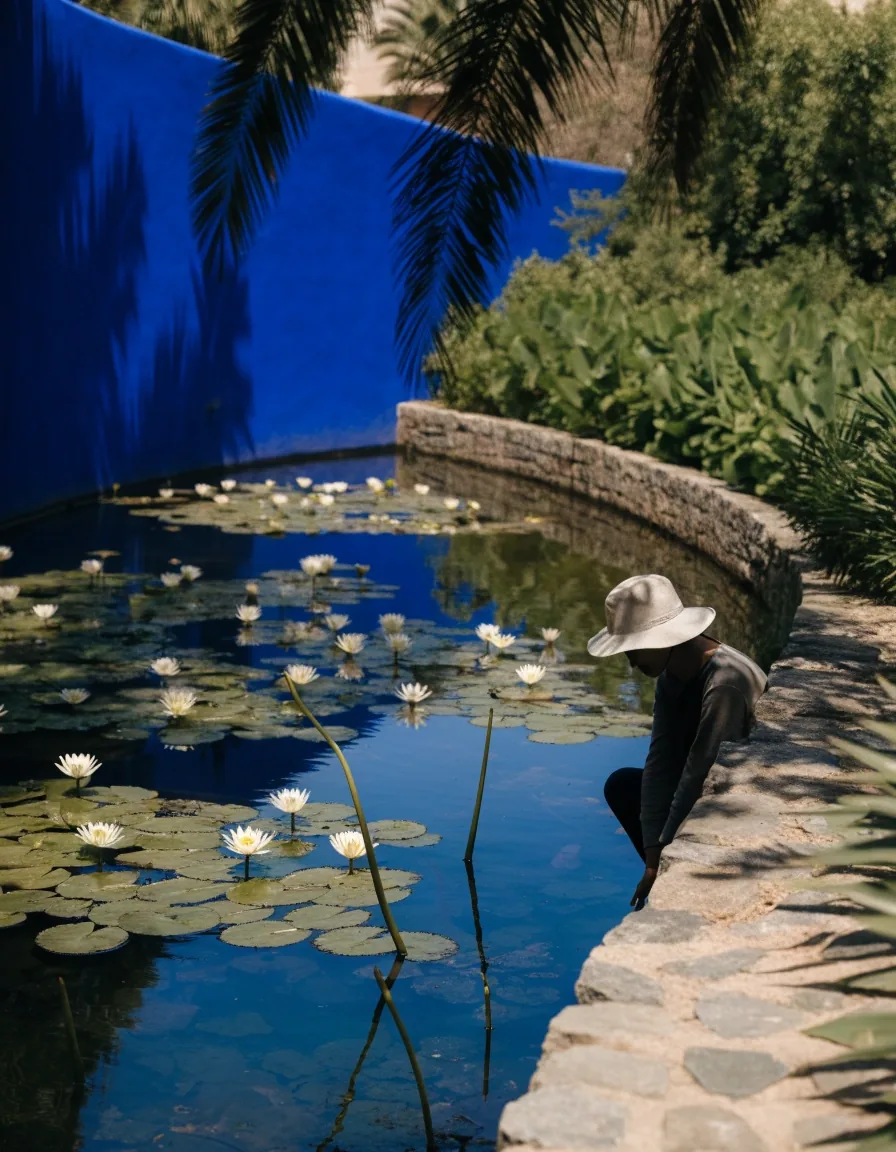Bassin aux nymphéas et reflet du mur bleu au Jardin Majorelle
