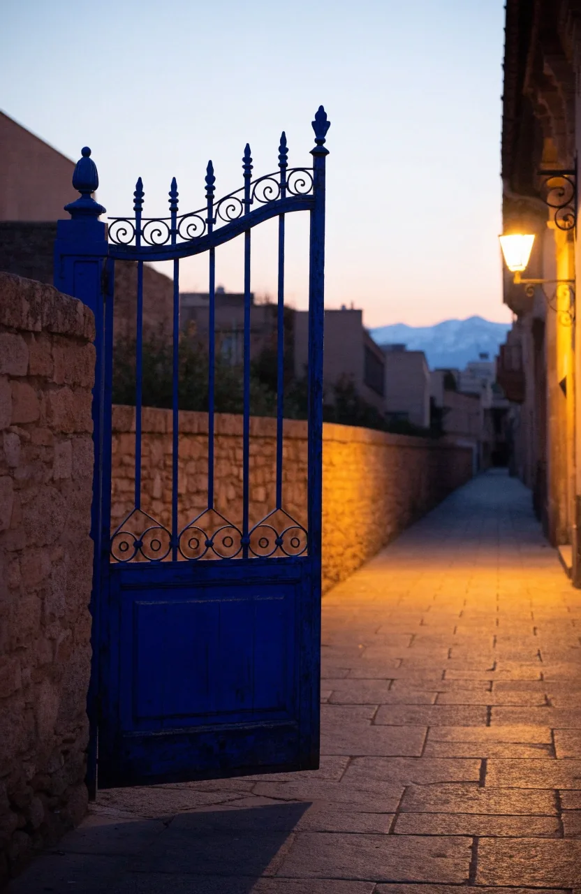 Porte bleue du Jardin Majorelle au crépuscule, rue Yves Saint Laurent