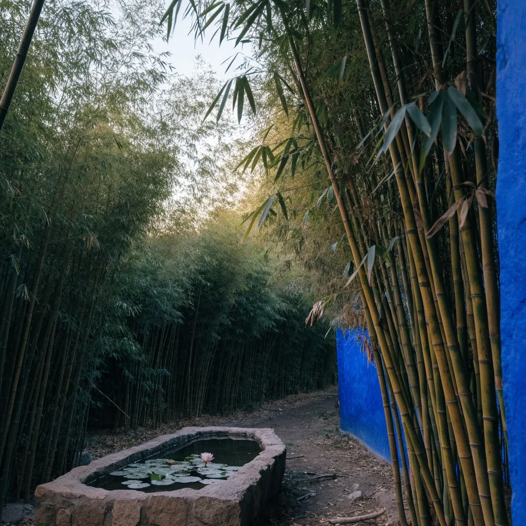 Allée de bambous et bassin aux nymphéas dans le jardin Majorelle