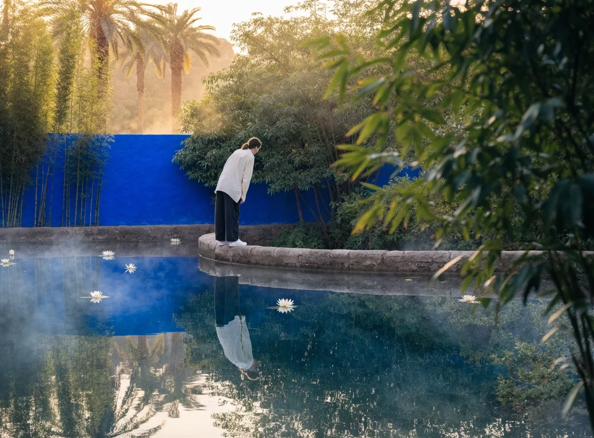 Bassin aux nymphéas reflétant le pavillon bleu du jardin
