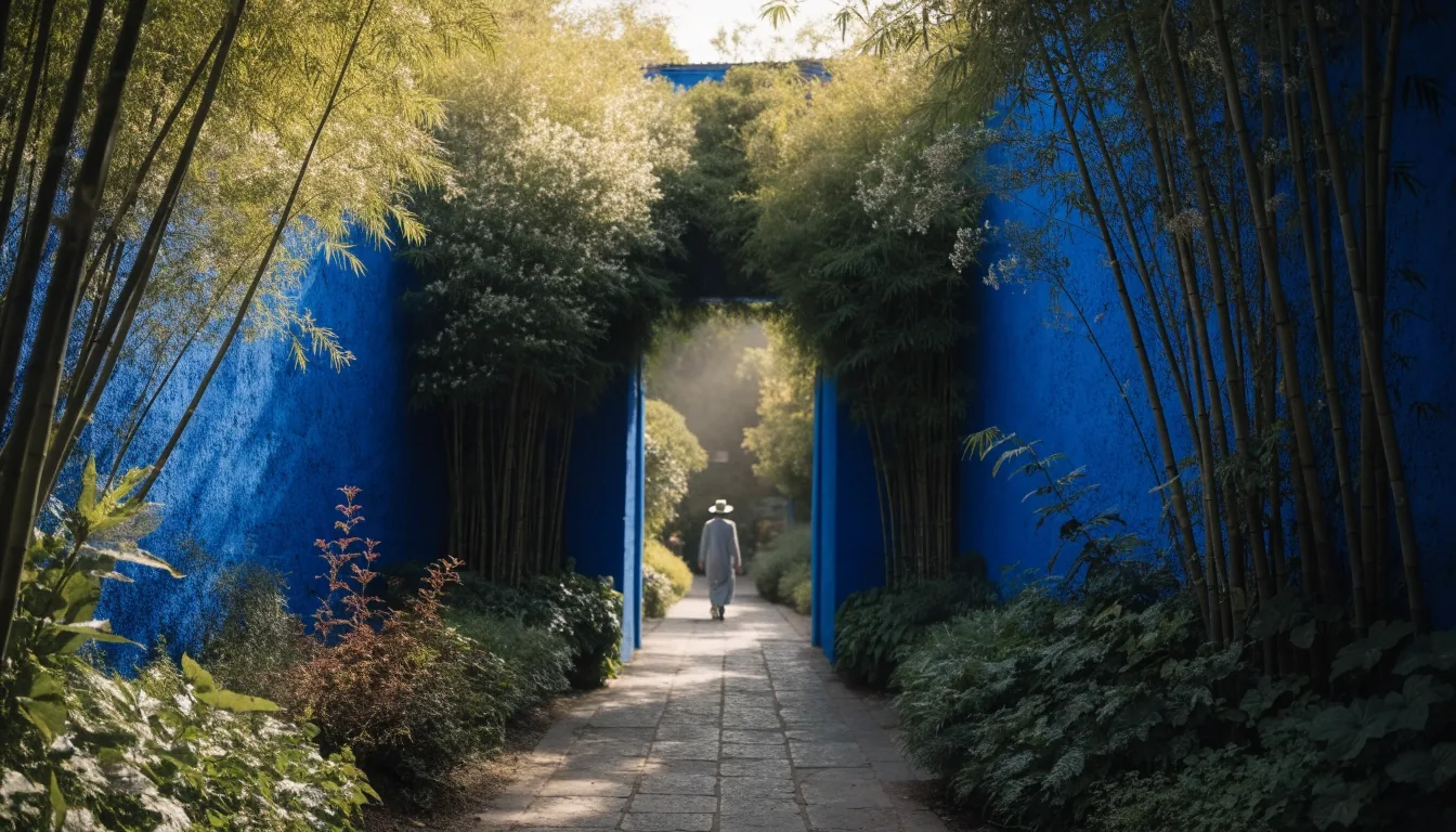 Entrée du jardin Majorelle entre murs bleu cobalt et bambous le matin