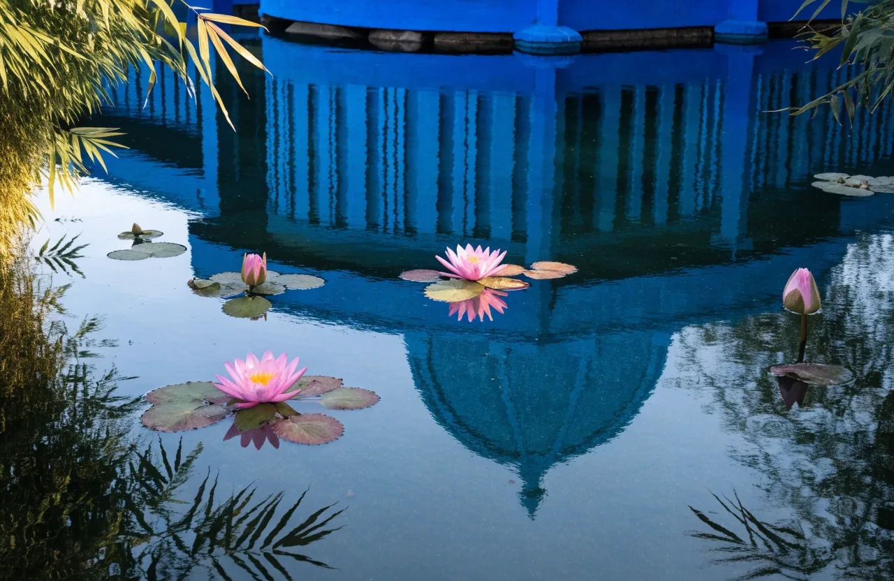 Bassin aux nymphéas et reflet du pavillon bleu du jardin
