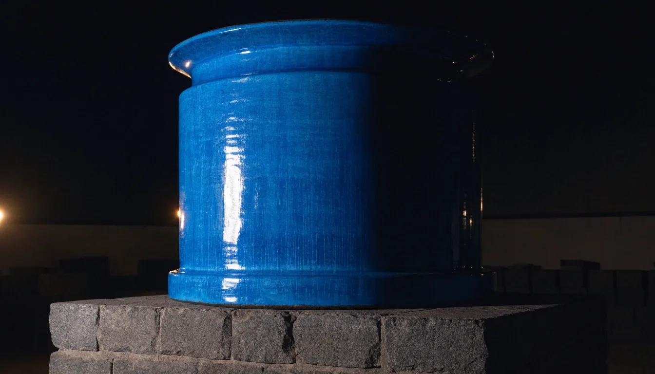 Tambour d'émail bleu Majorelle dans un atelier de nuit