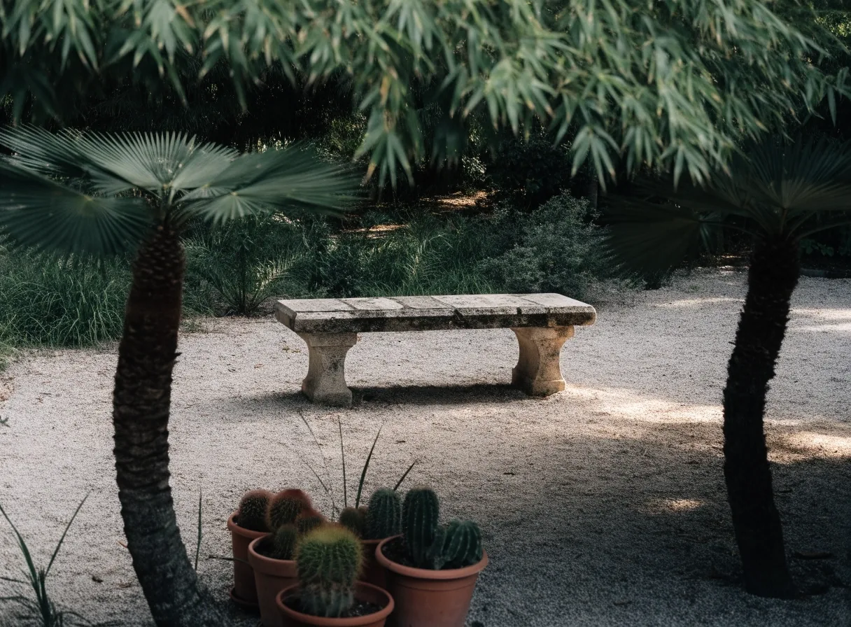 Banc à l’ombre sous les palmiers du jardin Majorelle