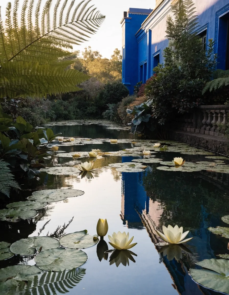 Bassin aux nymphéas et reflet de la villa bleue