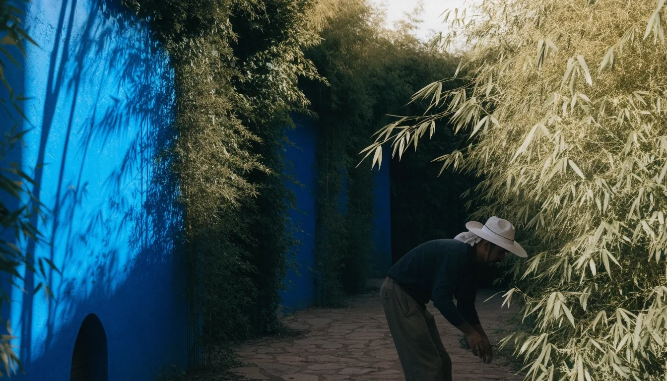 Mur bleu du jardin Majorelle traversé par une ombre de bambou