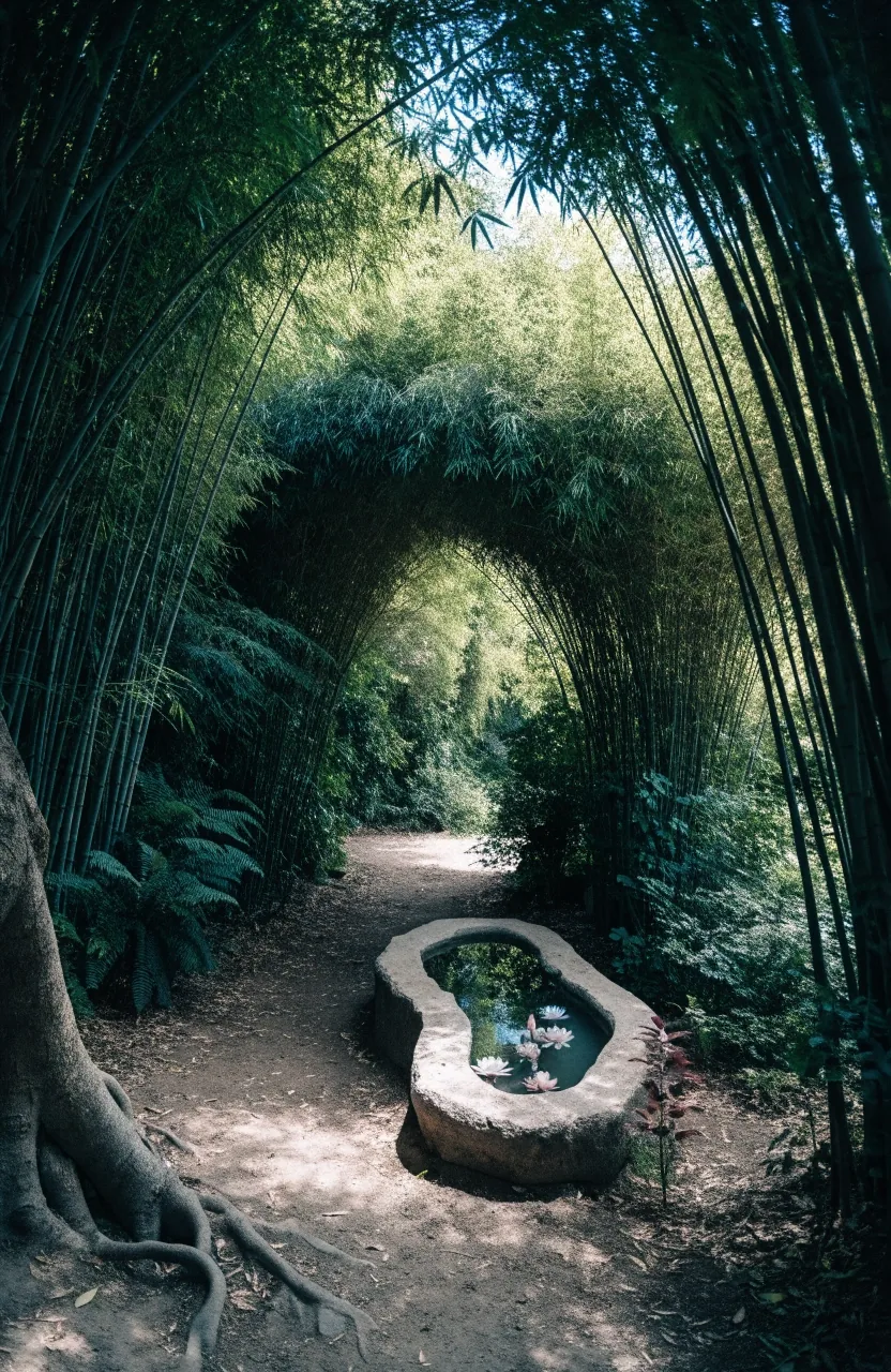 Allée de bambous et bassin dans la végétation dense du jardin