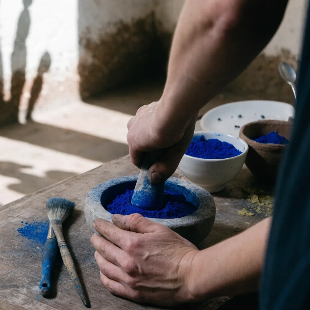 Table d’atelier avec pigments bleus et pinceaux