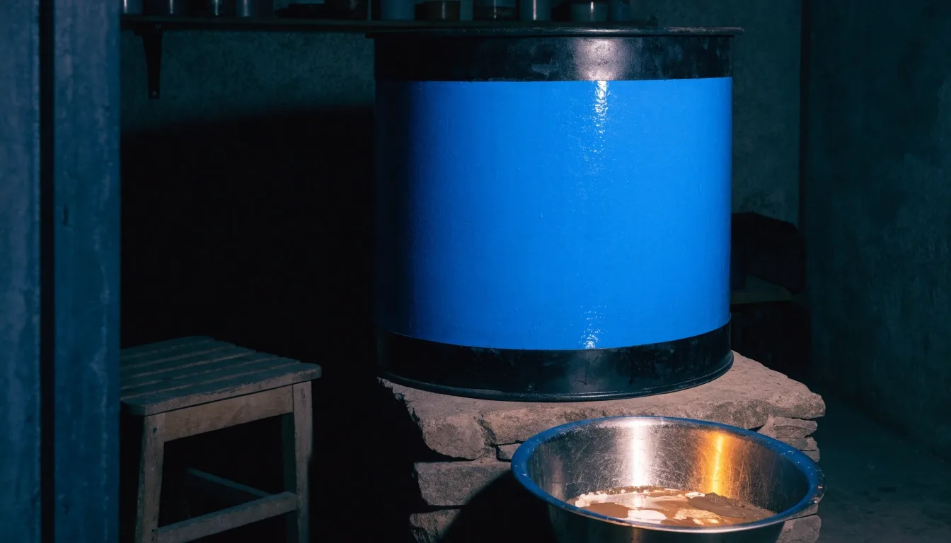 Tambour de pigment bleu Majorelle dans un atelier de nuit à Marrakech