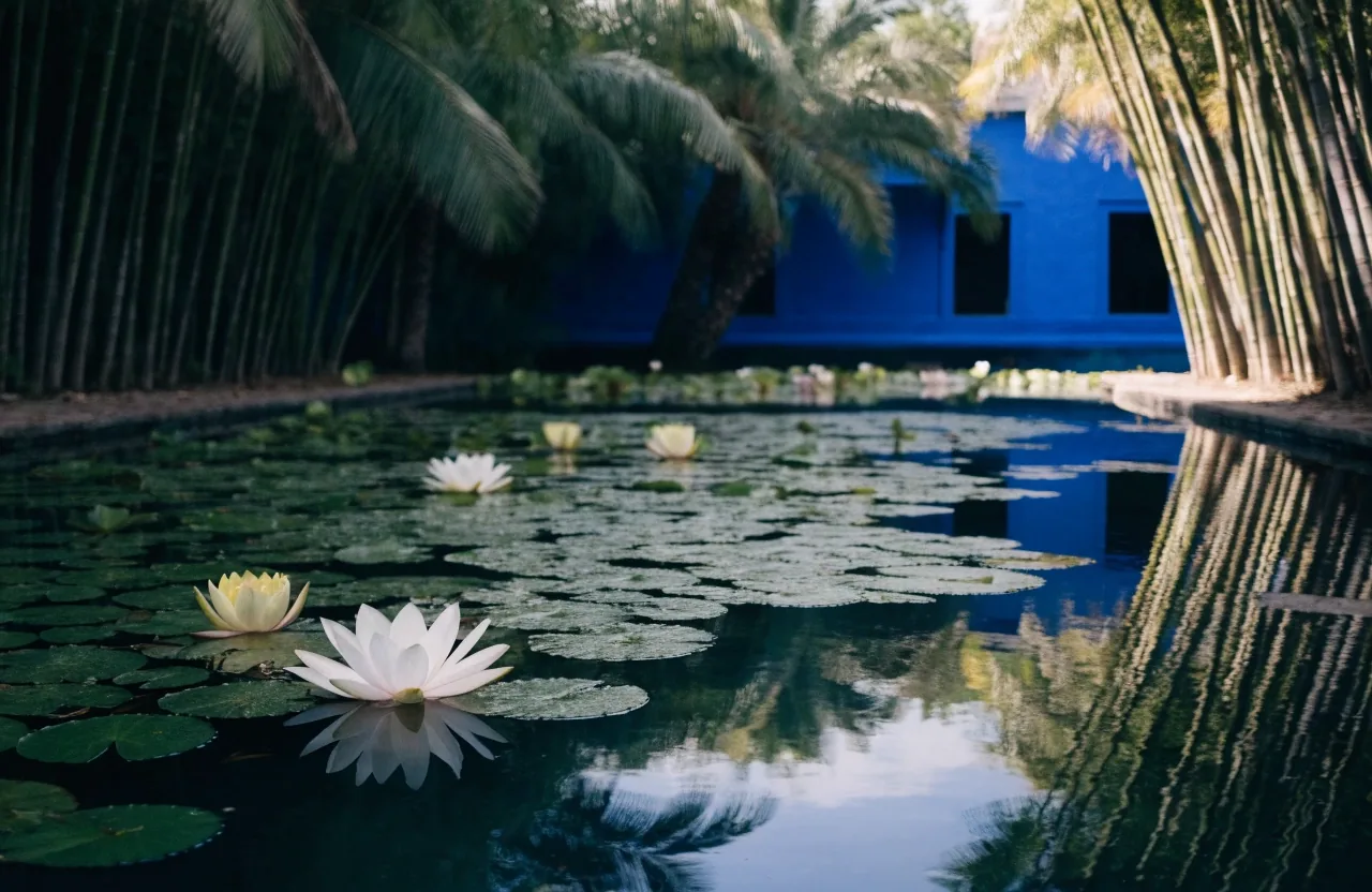 Bassin aux nymphéas et reflets dans le jardin