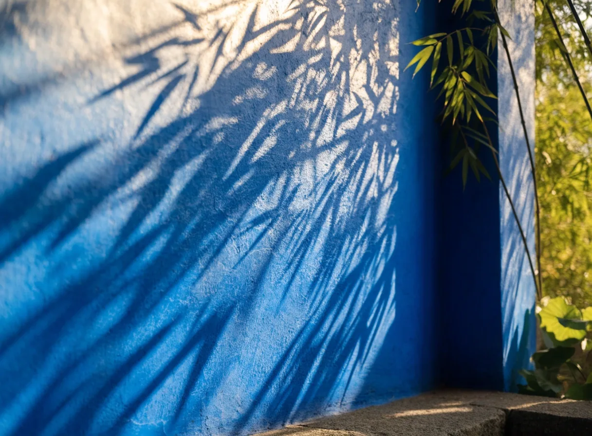 Ombre du bambou sur le mur bleu du jardin