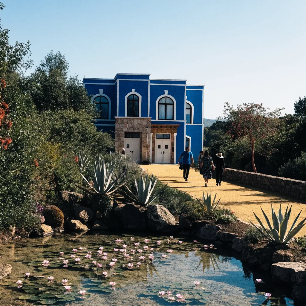 Allée ombragée avec pots bleus et cactus au jardin Majorelle