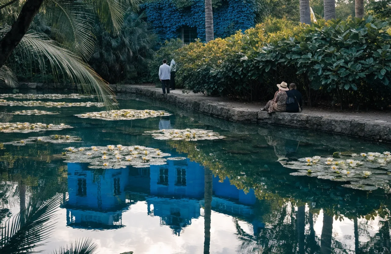 Bassin aux nénuphars et reflet du pavillon bleu au jardin Majorelle