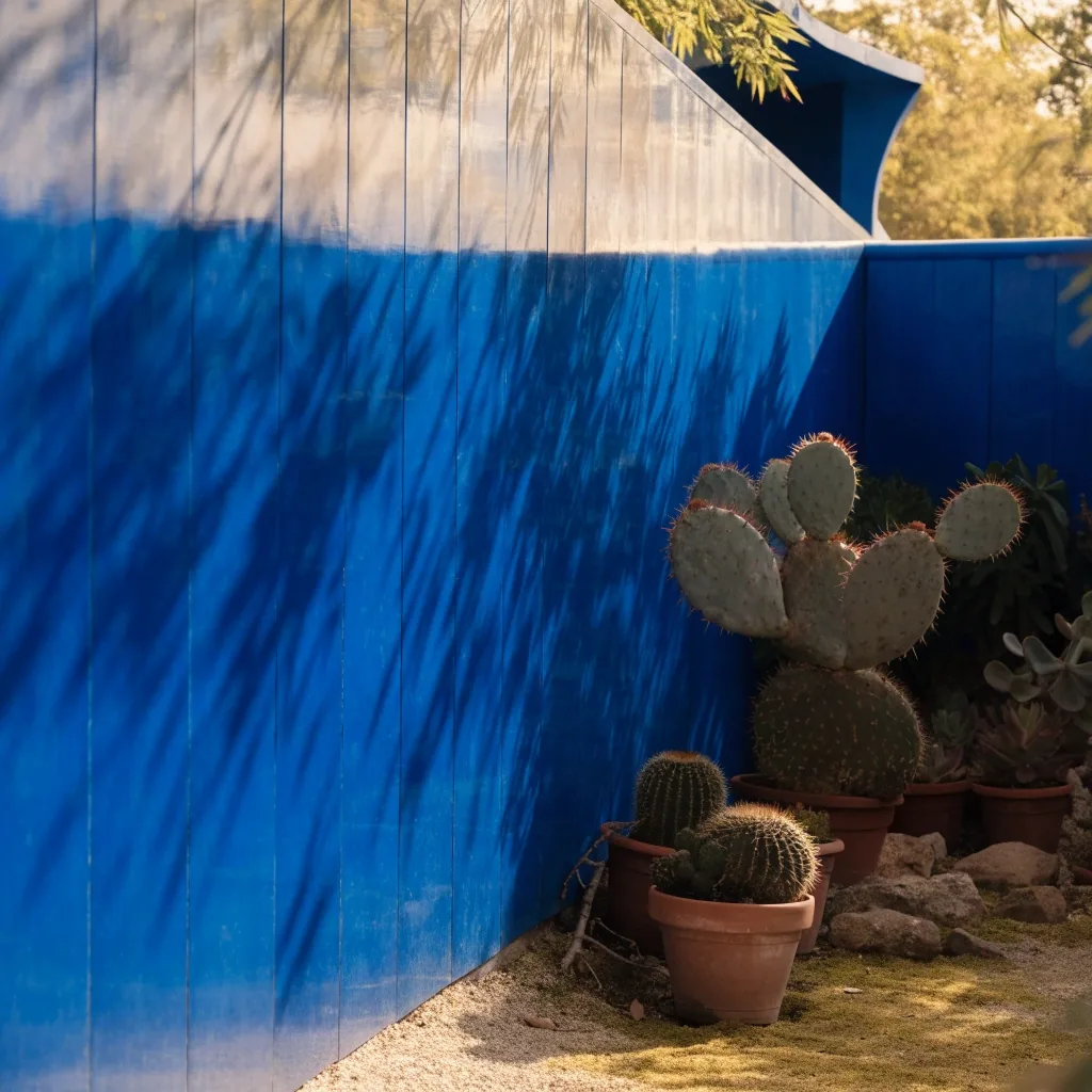 Mur bleu du jardin Majorelle traversé par l’ombre d’un bambou